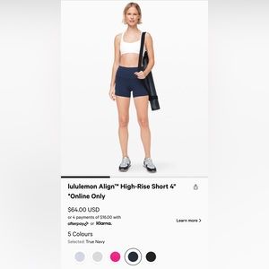 NWT Lululemon Align Shorts 4 inch- Size 4, True Navy